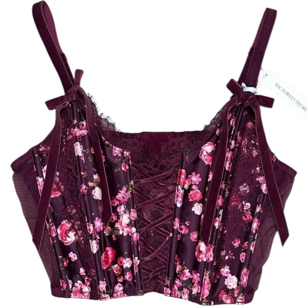 Victoria's Secret Dream Angels Lace Up Floral Corset Bra Top Burgundy Small NWT